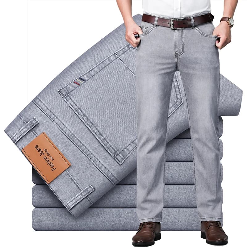 2026 New Summer Thin Elastic Jeans Men's Spring Straight Business Casual Trousers Korean Fashion Casual Solid Color Denim Pants