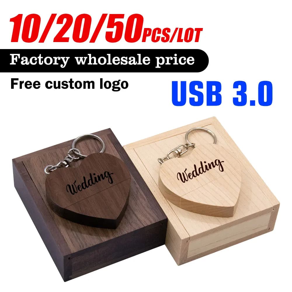 10/20/50 USB 3.0 con scatola in legno modello cuore d'amore chiavetta USB Memory Stick 64 GB 16 GB 32 GB 4 GB regali di nozze logo personalizzato gratuito