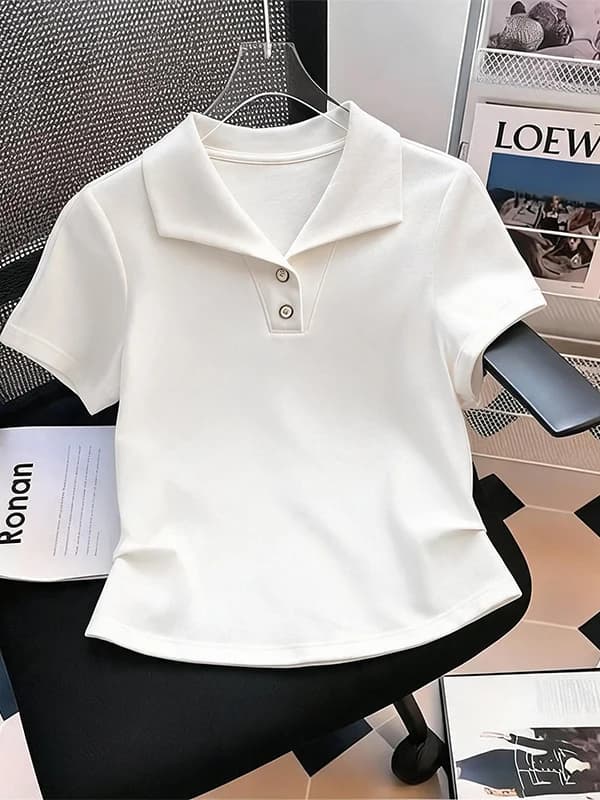Women's Shirt Short Sleeve Loose Fit Button up Collar T-Shirt Fashionable Pleated Slimming Versatile Summer Cotton Top