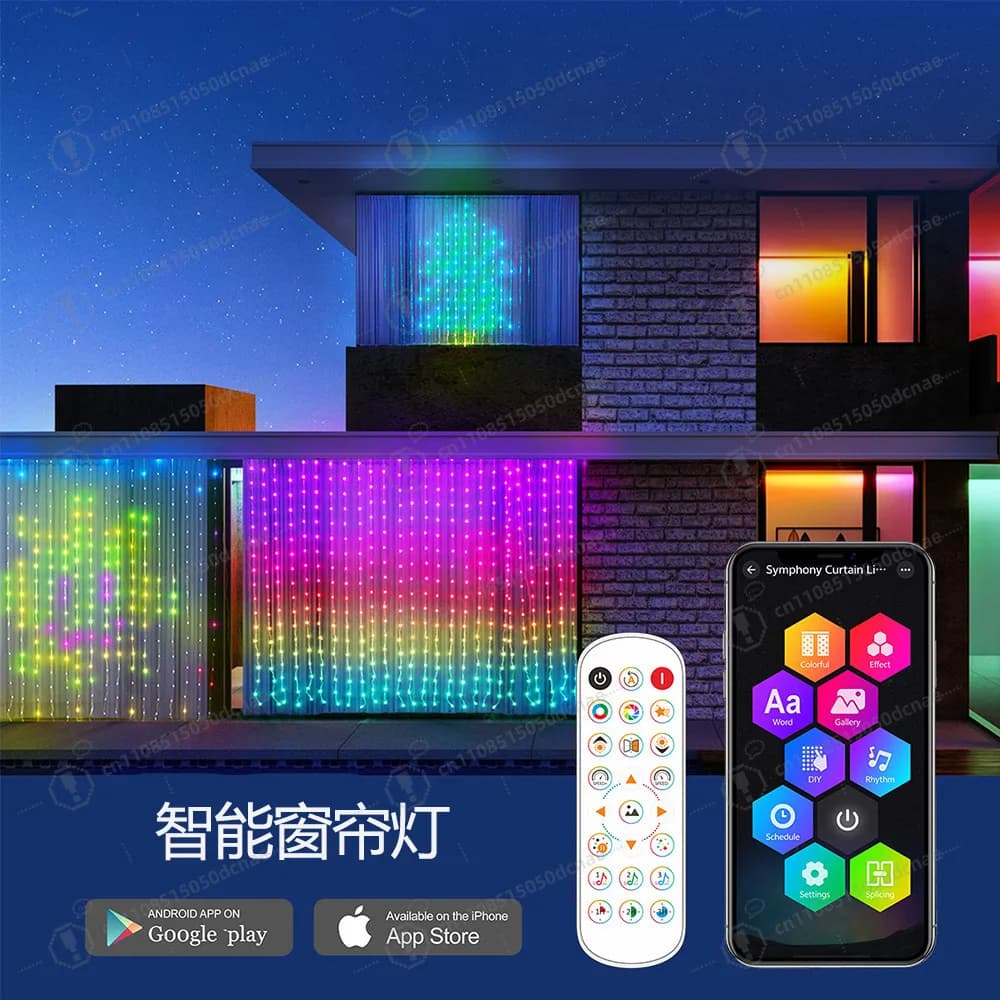 Luci a tenda intelligenti programmabili RGB Symphony, personalizzabili con testo e motivi, controllo a punti Symphony, stringa di luci LED con linea in pelle