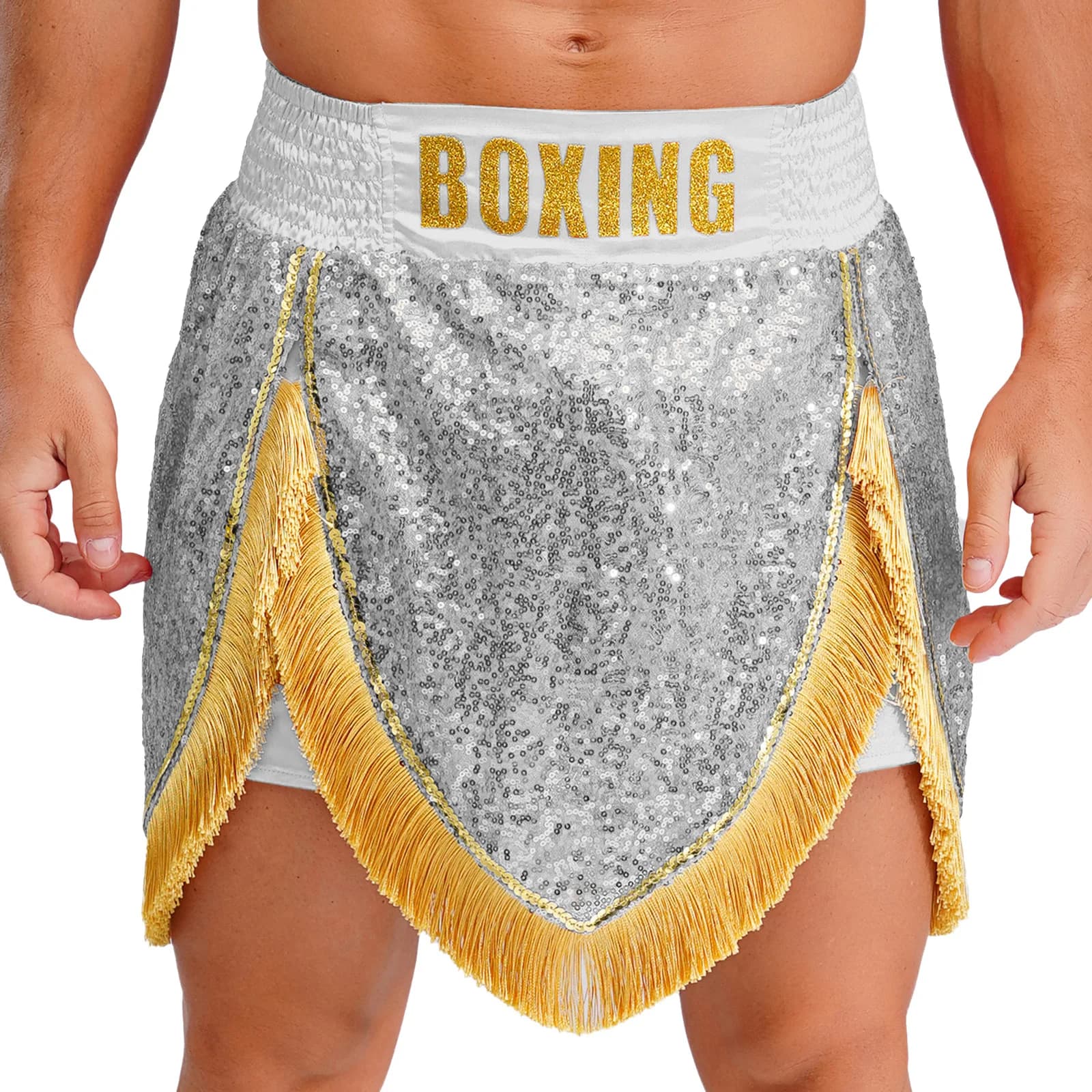 Pantaloncini da boxe con frange e paillettes da uomo Muay Thai Pantaloncini da allenamento per arti marziali sportivi Pantaloncini da performance per kickboxing con volant elastico