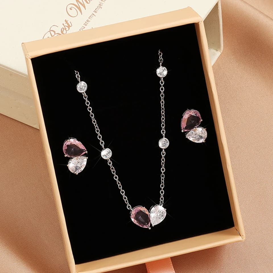 ZAKOL Fashion Shiny Pink Heart Zircon Earring Necklace Set With Box Exquisite Anniversary Valentine’s Day Jewelry Gift for Women