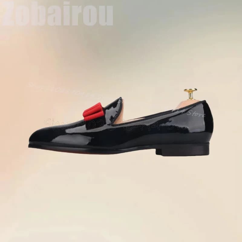 Red Bow Knot Decor Black Patent Leather Loafers Fashion Slip On Men Shoes Luxury Handmade Party Banquet Wedding Men Dress Shoes
