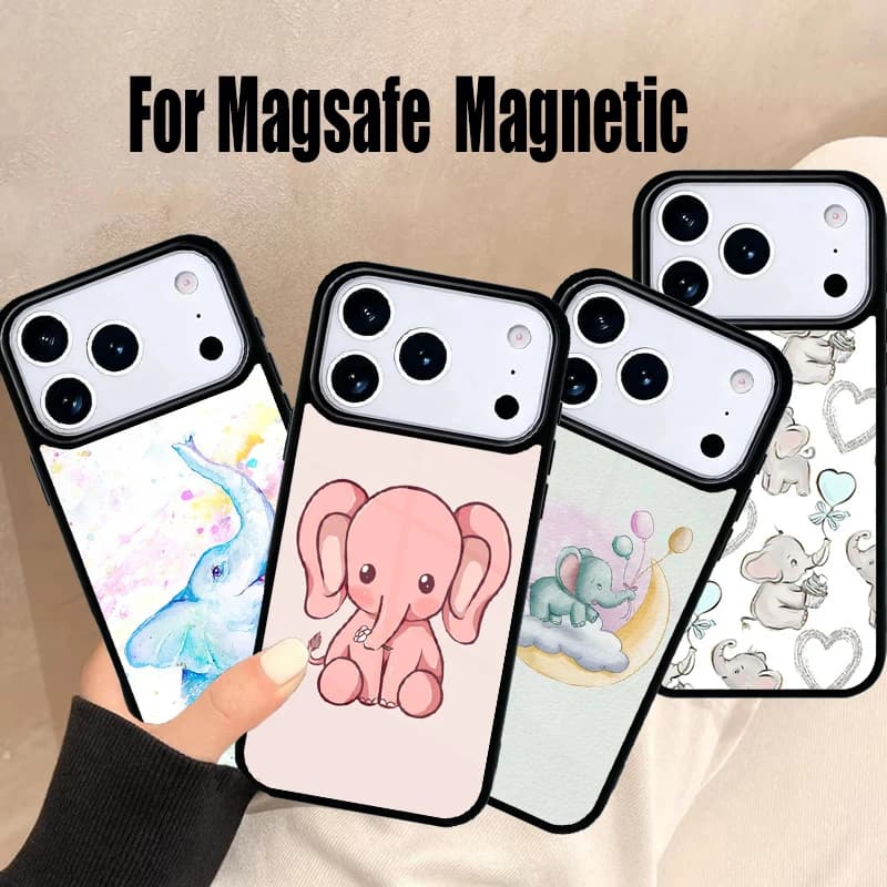 Custodia Morbida per Telefono con Elefantino e Luna per iPhone 17 Air 16e 15 14 13 12 11 Pro Max Plus, Cover Magnetica Wireless Magsafe
