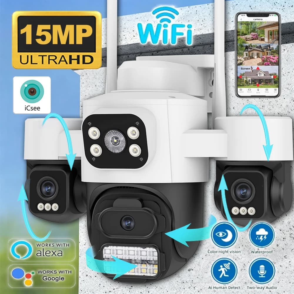 ICsee 15MP Outdoor PTZ IP Camera 3-Screen WiFi Security Cam Auto-Tracking Waterproof Two-Way Audio Motion Color Night Vision