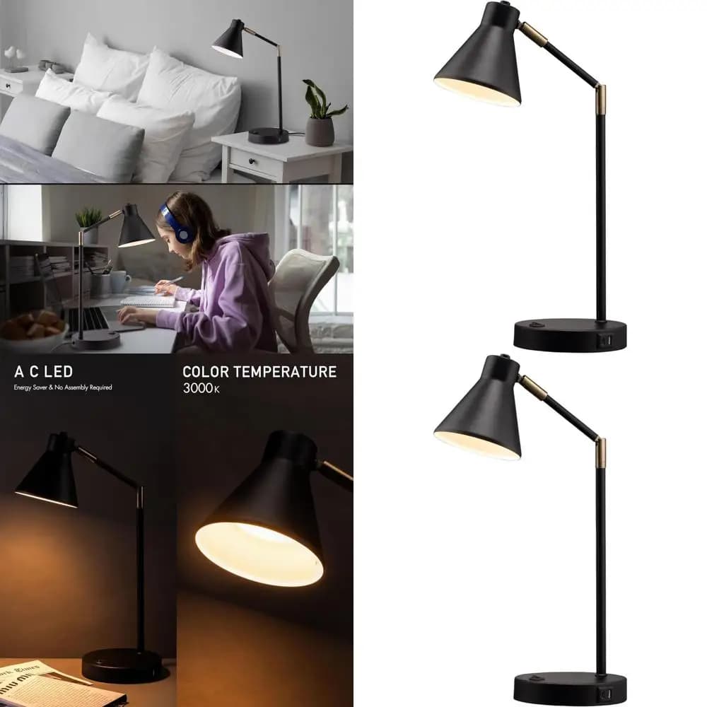 Lampada da scrivania a LED in metallo con porte USB, 270 ° Lampada Orientabile, Luce Bianca Soffusa, Certificata ETL, Nera