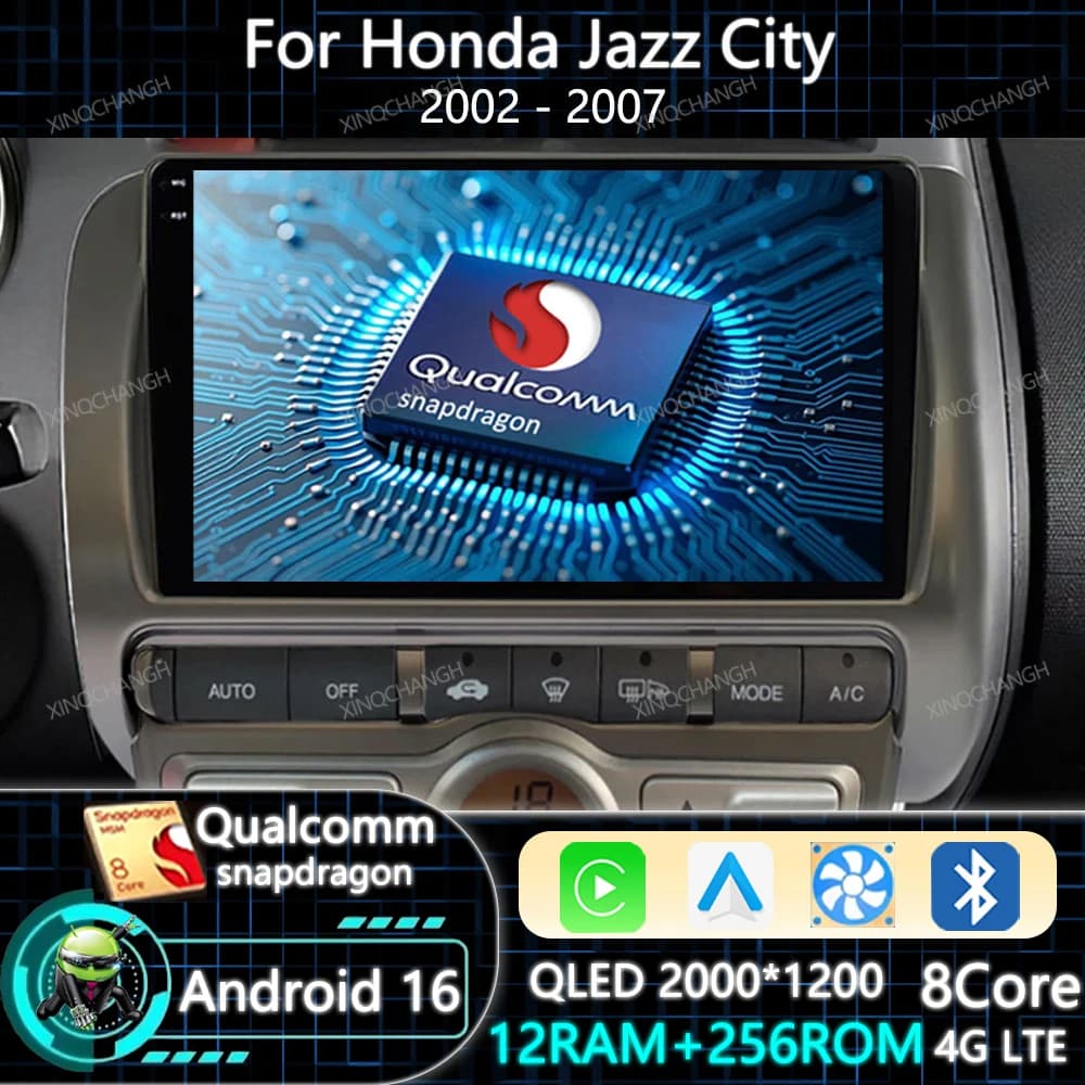 Android 16 Car Radio For HONDA JAZZ City 2002 - 2007 Head Unit QLED Qualcomm Multimedia Stereo Video Player BT 4G WIFI GPS 2DIN