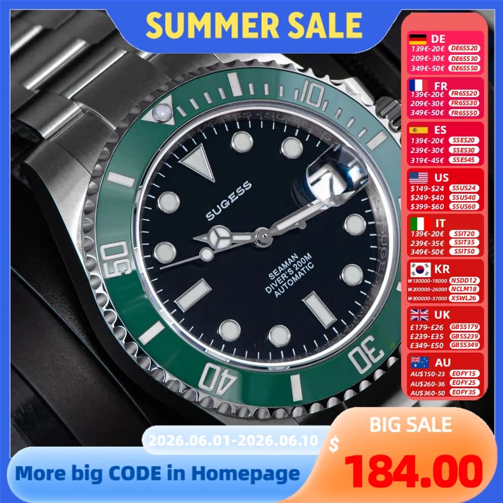 Sugess Diver Water Men Watch Ghost Luxury Orologi meccanici automatici Movimento Nh35 Lunetta in ceramica 20ATM Calendario luminoso nuovo