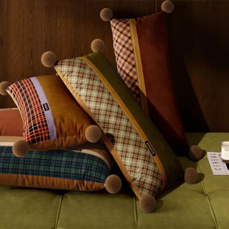 Vintage Plaid Spliced Velvet Lumbar Pillow Cover 30x70cm Pom Pom Long Rectangular Cushion Case Retro Contrast Waist Pillowcase