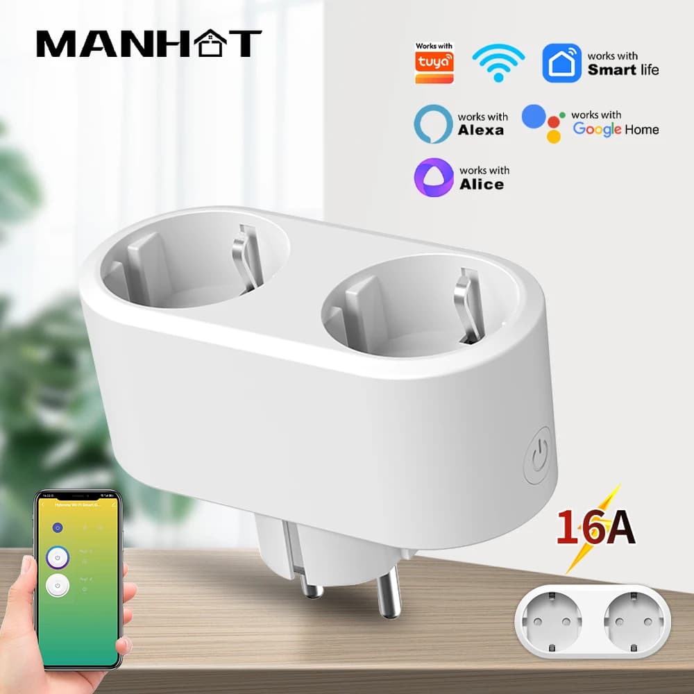 WiFi Smart Plug Double socket 16A EU 2 in 1 Timer Tuya Smart Life APP remote Voice control Works with Google Home Alexa