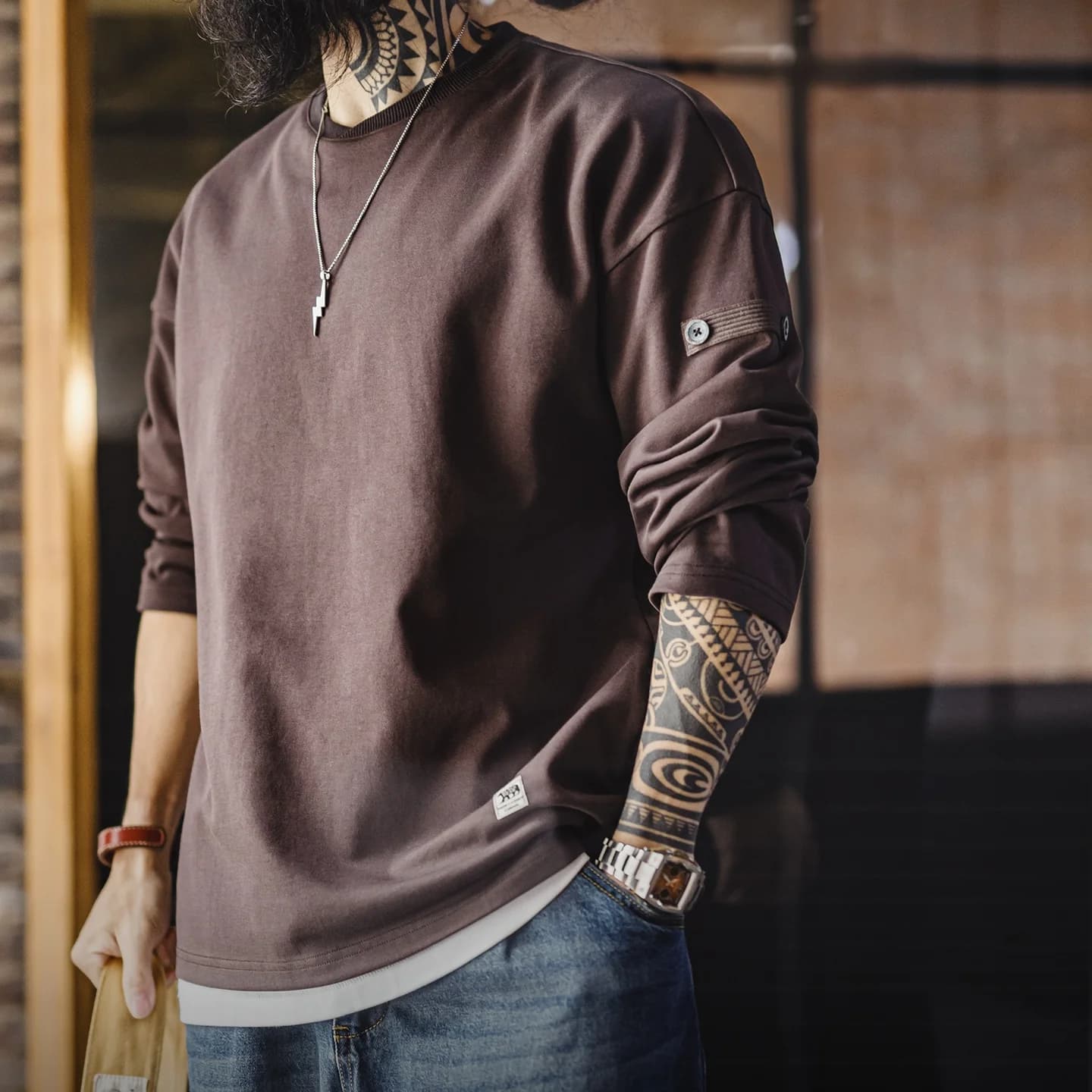 T-shirt da uomo con scollo a V di Maden, pullover a maniche lunghe, tinta unita, casual, base layer, per la primavera e l'autunno, morbido e traspirante