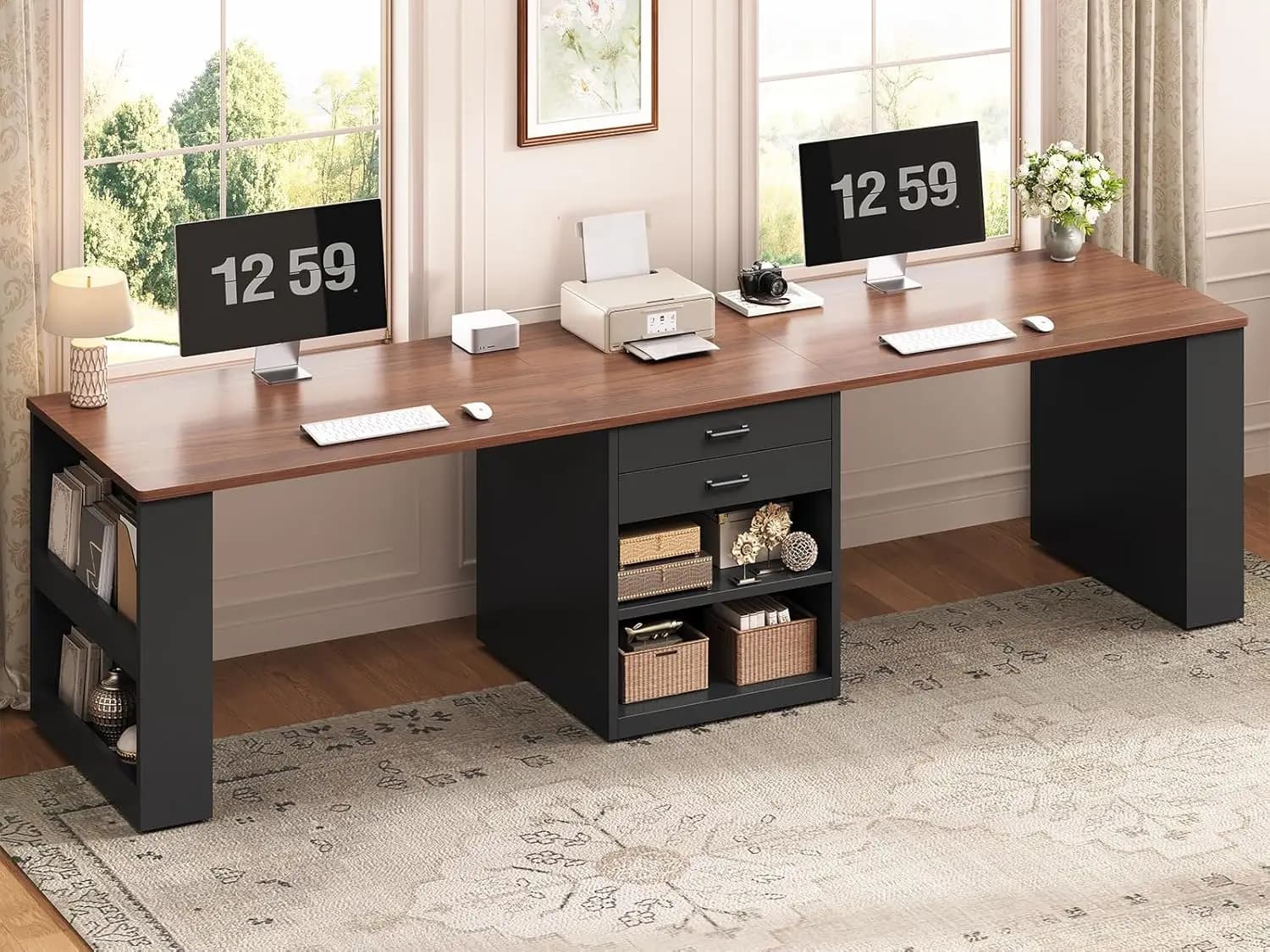 Scrivania per Computer da 230 cm per 2 Persone, Lunga Scrivania da Ufficio con Cassetti Portaoggetti, Tavolo da Gaming per Due Persone, Personalizzabile