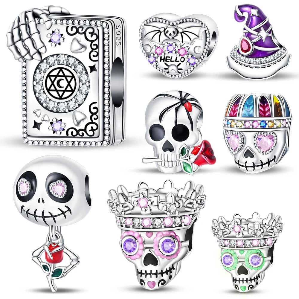 925 Sterling Silver Magic Book&Witch Hat&Crown Luminous Skull Beaded Charm Fit Brand Bracelet Halloween Jewelry