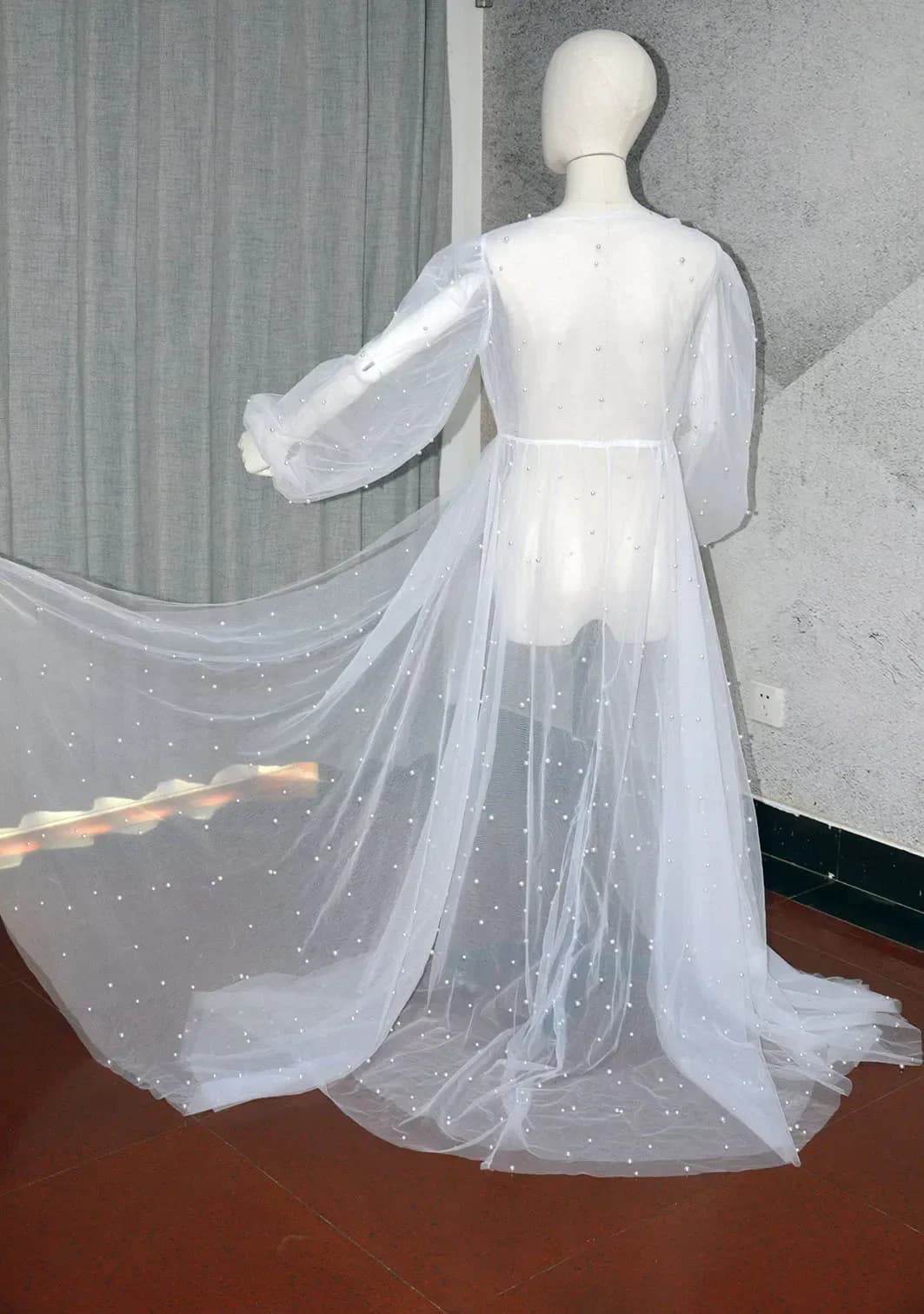Abito da sposa in tulle di perle per matrimonio maniche lunghe Accappatoi da donna Scialle Camicie da notte Lingerie Spogliatoio Kimono Mantello personalizzato taglie forti
