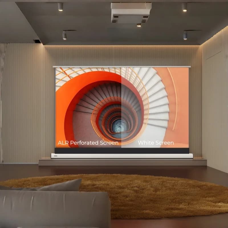Schermo per proiettore elettrico moderno a pavimento, motorizzato con tessuto acustico trasparente ALR, design elegante per soggiorno