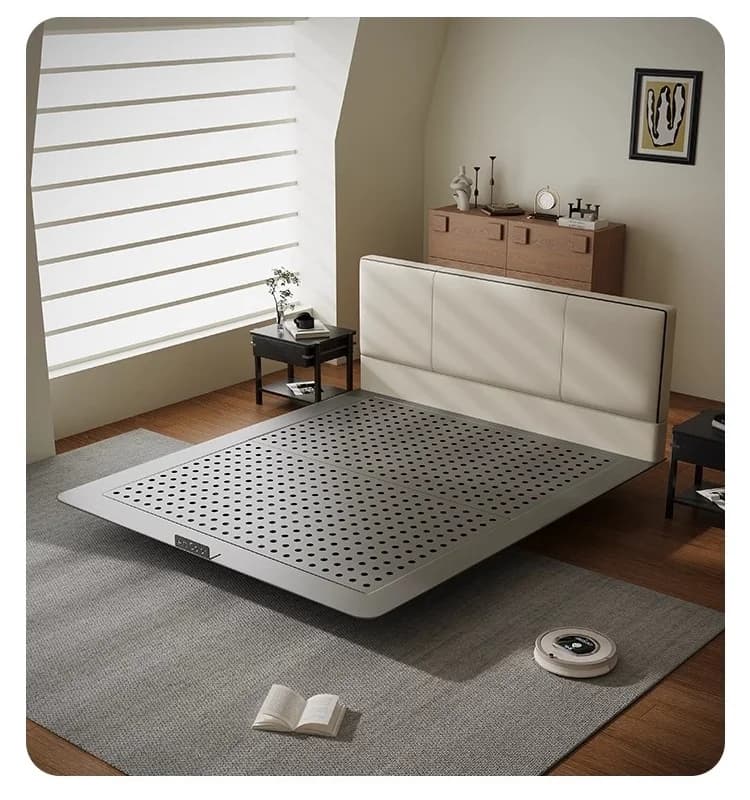 Letto Flottante Minimalista Stile Crema con Struttura in Metallo e Luce LED, Telaio per Letto King Size con Testiera per Camera d'Albergo, Vendita Diretta dalla Fabbrica
