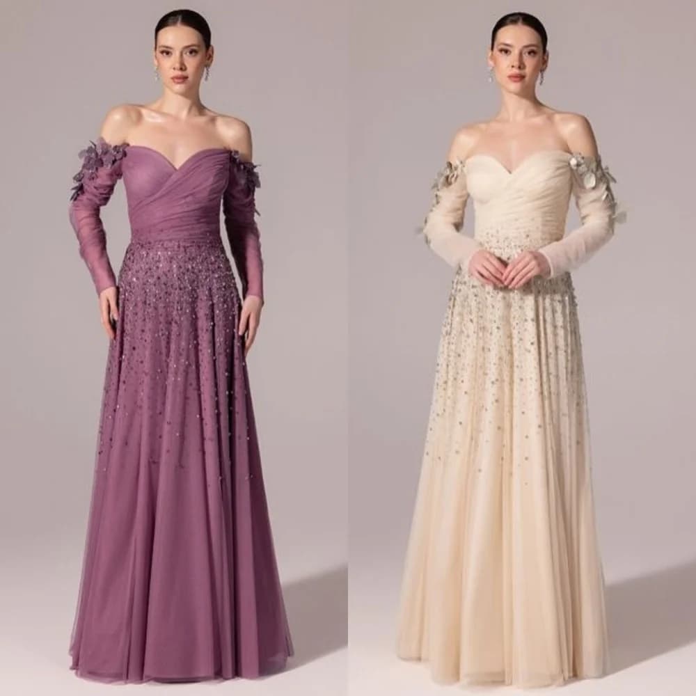 Personalizzato intricato scintilla tulle piega fiore perline paillettes a-line spalle scoperte abiti lunghi abiti da sera moda