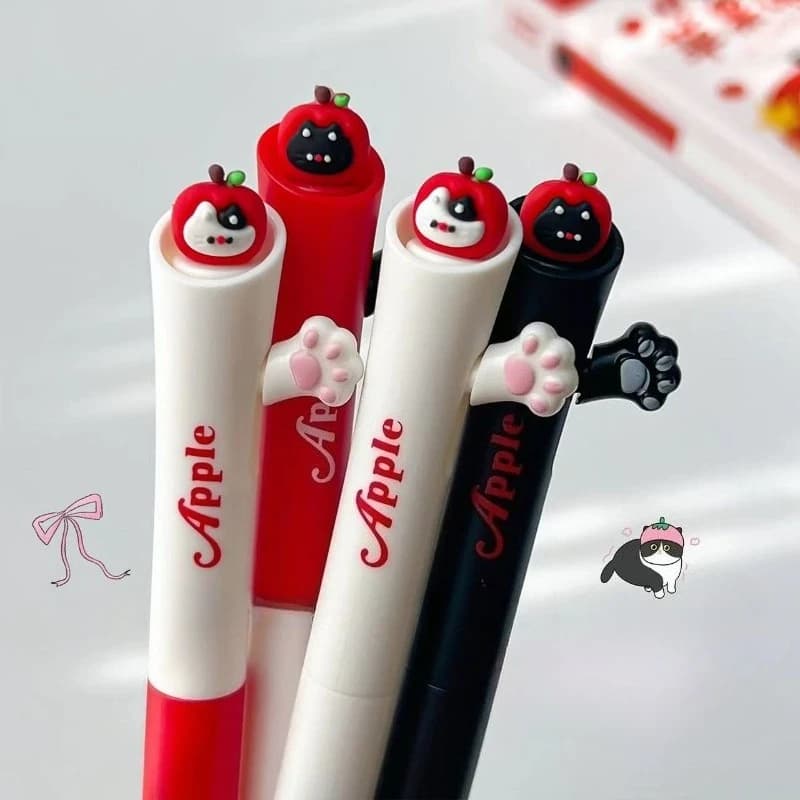 Forniture per Ufficio e Scuola, Penna Nera Kawaii con Design a Zampa di Gatto, Cartone Animato, Meccanismo a Pressione Laterale, Punta a Pennello, Inscrizione ST Signature
