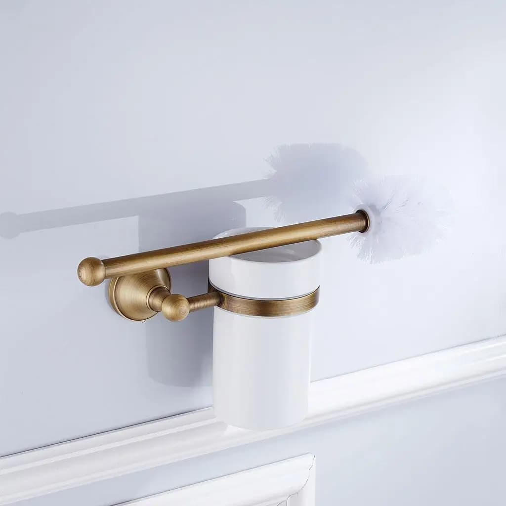 Set Spazzola WC Vintage da Parete con Porta Spazzola Nascosto, Tazza in Ceramica, Accessorio per Bagno in Ottone