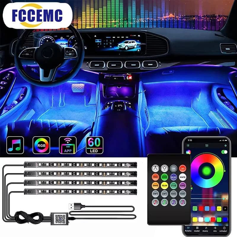 Retroilluminazione RGB App remota Controllo musicale Lampada decorativa automatica Neon LED Interni auto Ambient Piede Luce di striscia Kit Accessori