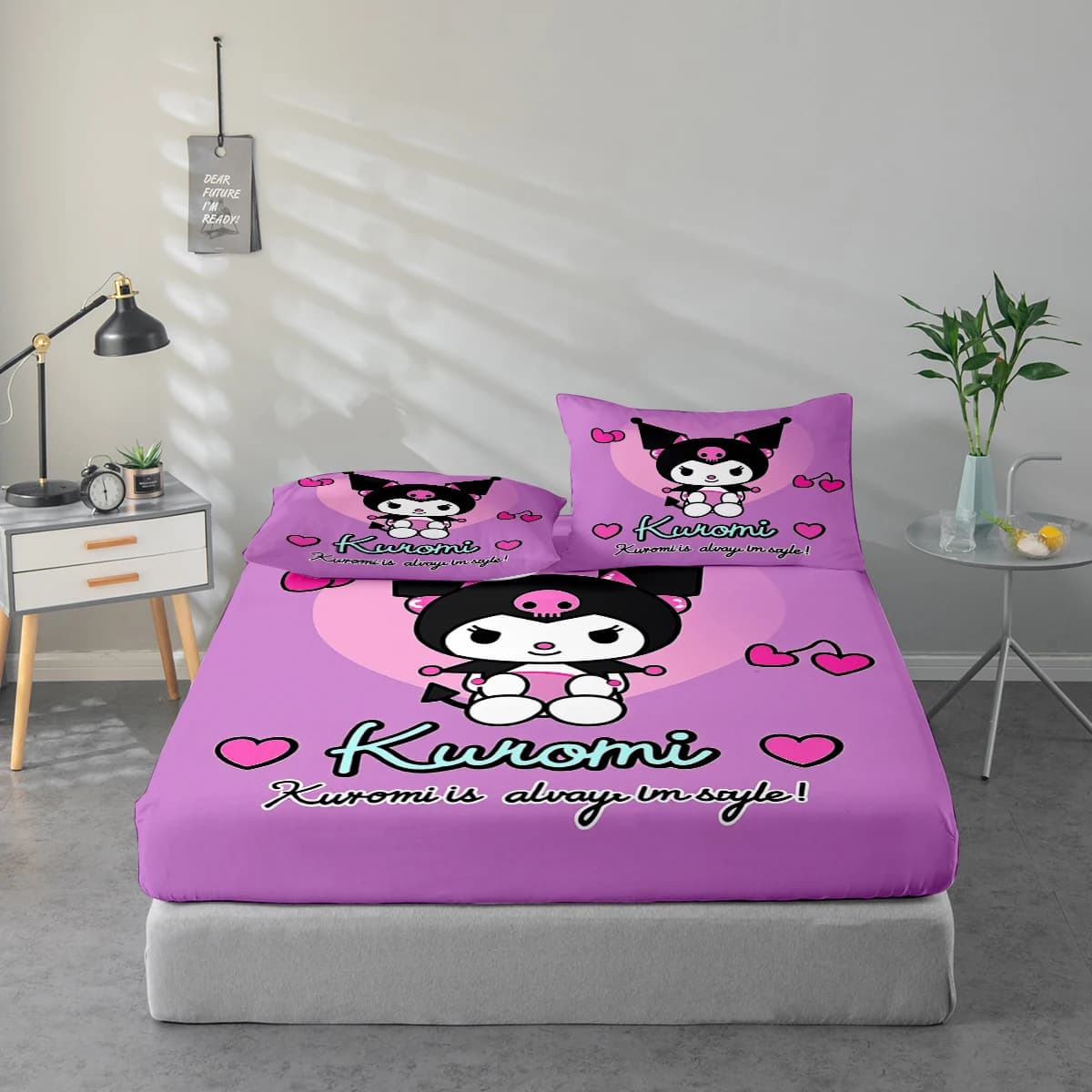 Set di lenzuola con stampa digitale ad alta definizione in 3 pezzi Kuromi (Kuromi) Set di lenzuola con stampa floreale grande, include 1 lenzuolo con angoli + 1/2 federa, adatto per camera da letto, camera degli ospiti, decorazione domestica, lenzuolo con angoli in fibra di poliestere + federa, biancheria da letto ultra morbida, tessuto ultra morbido e ispessito, confortevole per tutte le stagioni, lavabile in lavatrice.