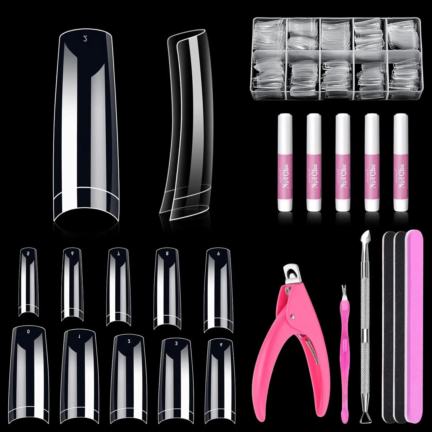 Set di Punte per Unghie in Acrilico Trasparente, 500 Pezzi con Colla, Tronchesino e Strumenti per Nail Art Fai-da-Te a Casa o in Salone
