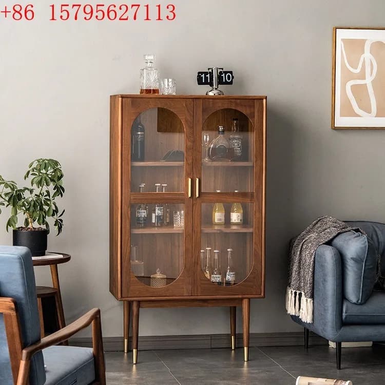 Mobiletto portabottiglie nordico semplice in legno di ciliegio massiccio, da parete, con anta in vetro.