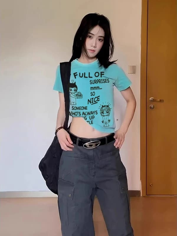 Dopamine American Blue Letter Print Short Sleeve Slim Fit Shoulder T-Shirt Women Summer New Style Spicy Girl Top round Neck S...