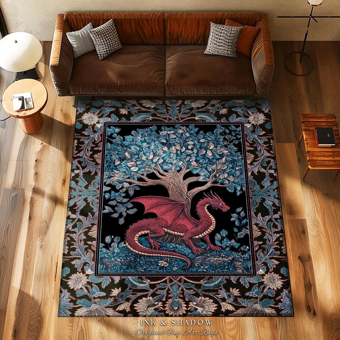 Folk Art Dragon Theme Rug Carpet for Living Room Bedroom Decor Aesthetic Mythical Creatures Art Floor Mat Coffee Table Mat