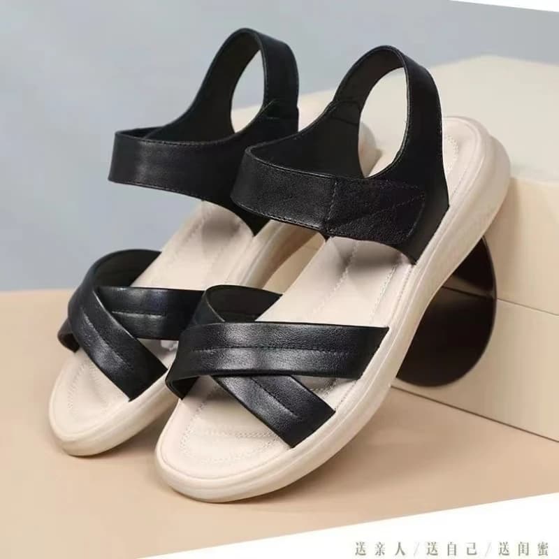 Sandali Estivi da Donna in Pelle con Suola Piatta, Morbidi, Antiscivolo, Leggeri, per Spiaggia e Outdoor, con Velcro, per Anziani