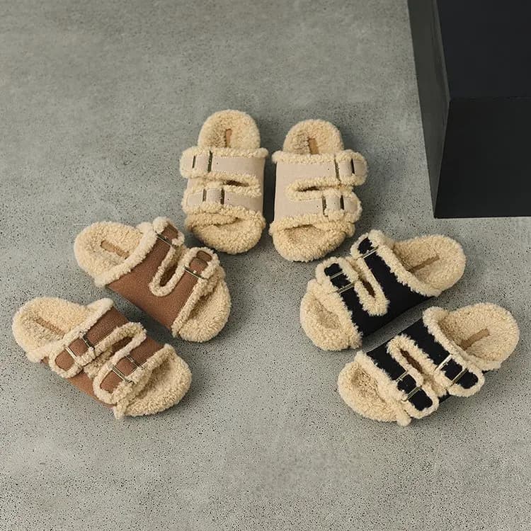 Women's New Winter Flat Cotton Slippers - Fuzzy-Lined, Straight-Toe, Fleece-Lined Casual Slippers - Versatile and Trendy