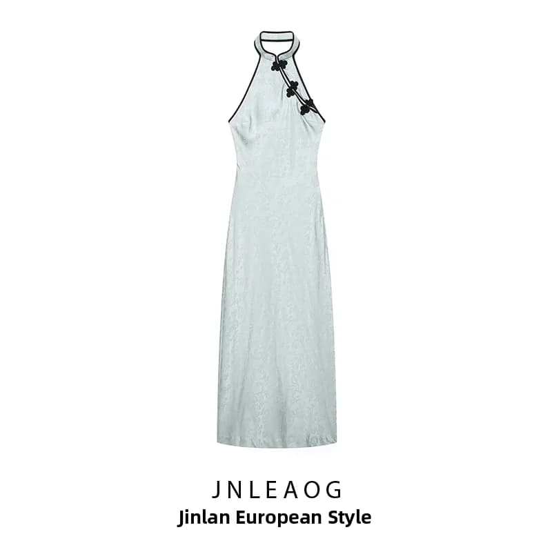 JNLEAOG Fashionable Knot-Button Midi Dress Women's Summer New Style Elegant Floral Embroidery Casual Slim Fit Gown