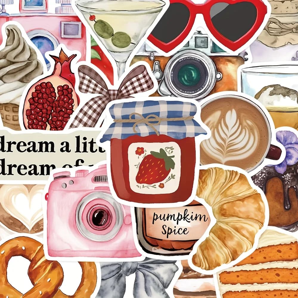 50 adesivi estetici ispirati a Pinterest - Design fantasioso con cibo e fotocamera, colori misti, autoadesivi