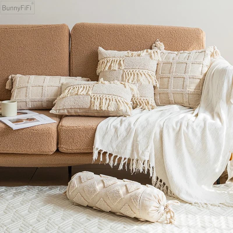 Fodera per cuscino trapuntata fodera per cuscino Boho nappe per la decorazione domestica soggiorno camera da letto divano divano quadrato rotondo 45x45cm