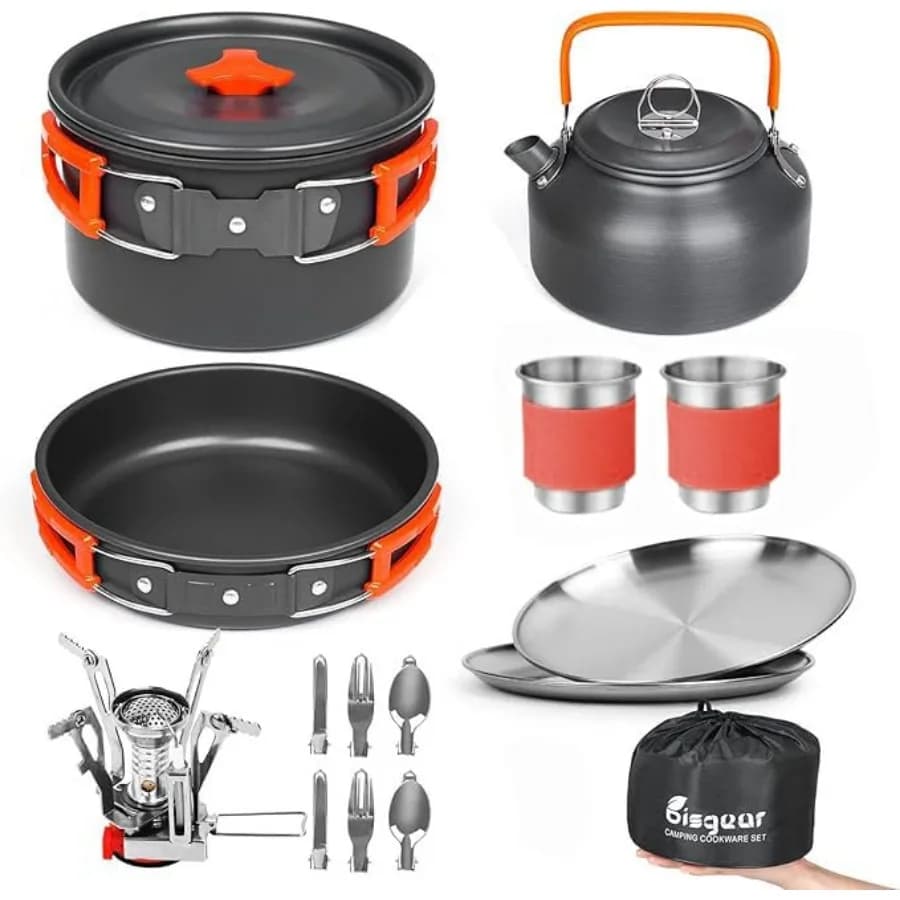 Set di Pentole e Utensili da Campeggio, Kit da Cucina per Escursionismo con Tazze, Piatti e Posate, Accessori per Cucina da Campeggio