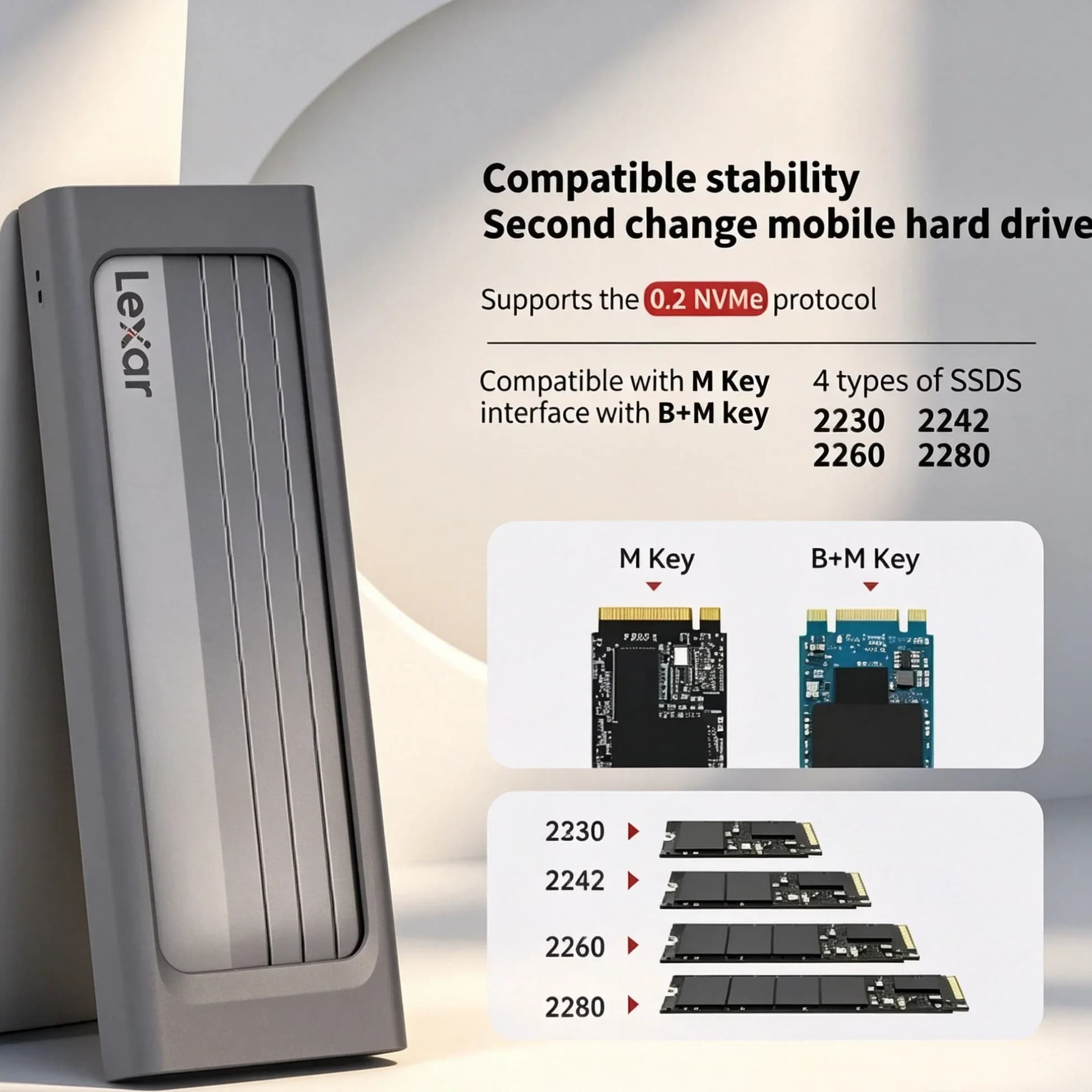 Lexar E300 M.2 NVMe SSD Enclosure USB 3.2 Gen 2 Type C 10Gbps External SSD Case for 2230 2242 2260 2280 SSD for Travel Office