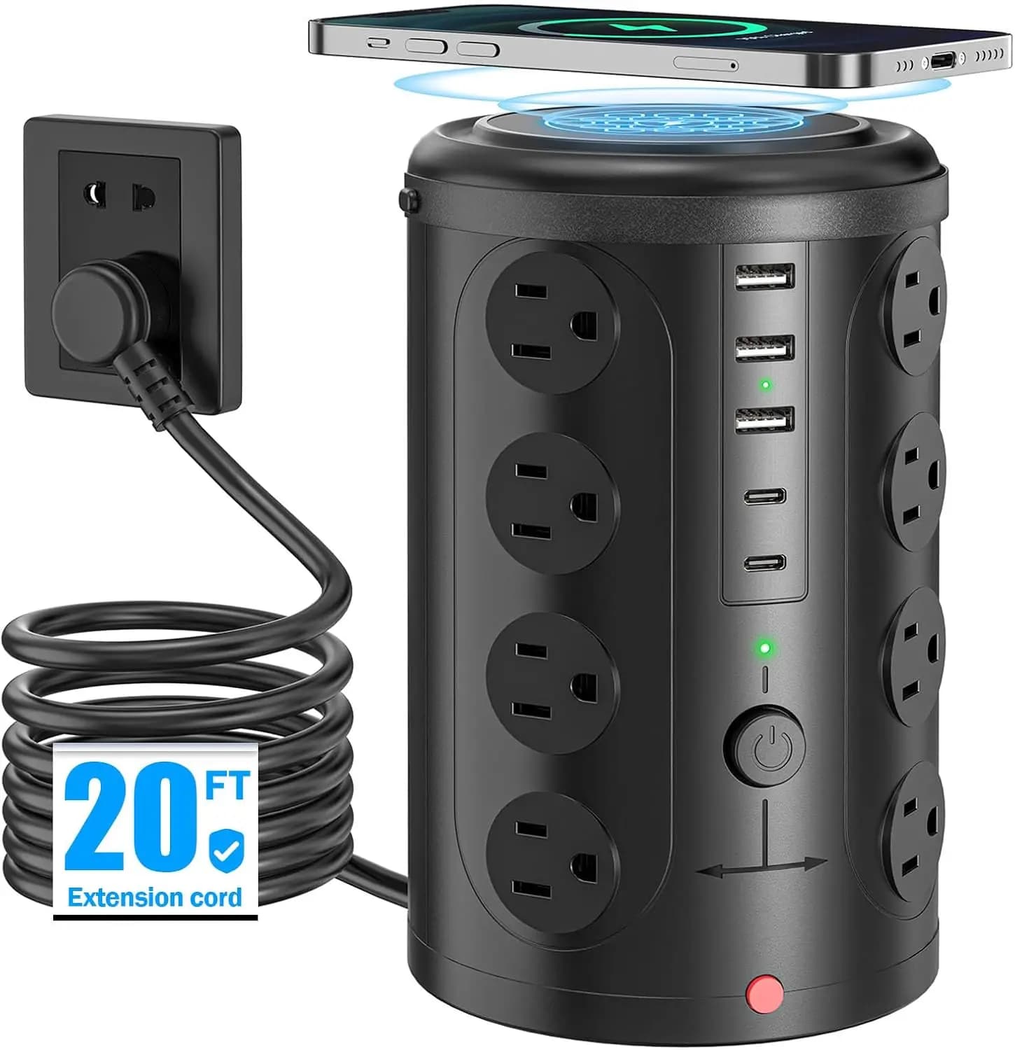 Tower Power Strip with 15W Wireless Charger, 20FT Cord, 16 Outlets & 5 USB Ports (2 USB C) - Surge Protector for Office, Home, Dorm