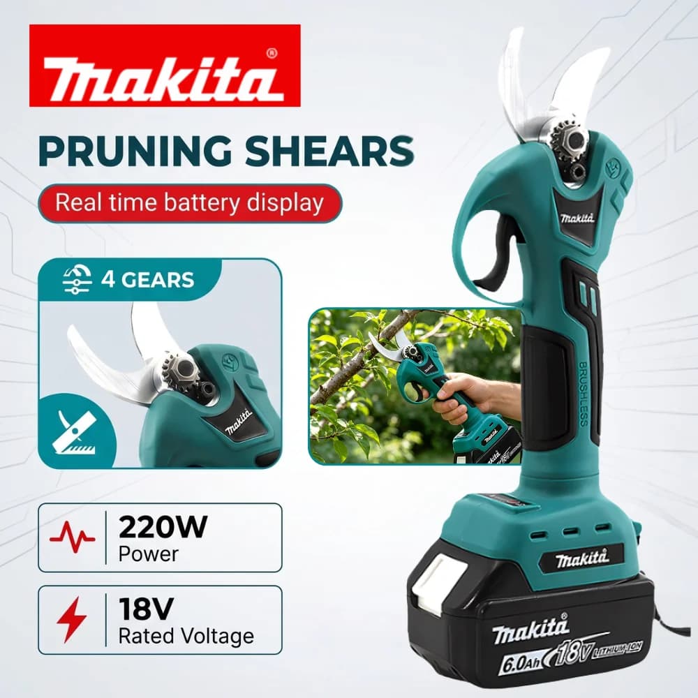 Forbici Elettriche a Batteria Makita 18V Brushless con Display LCD, Attrezzo da Giardino per Potatura Rami