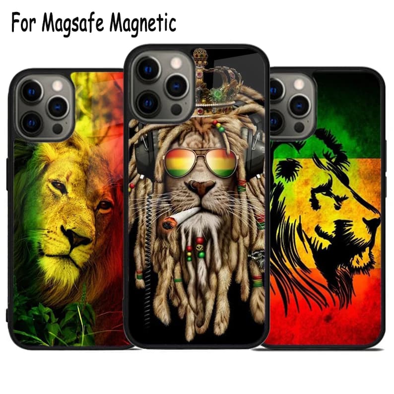 Cover Magnetica Wireless per iPhone con Design Rasta a Forma di Leone - Compatibile con MagSafe per iPhone 17 Air 15 16 16e 14 13 11 12 Pro Max Plus