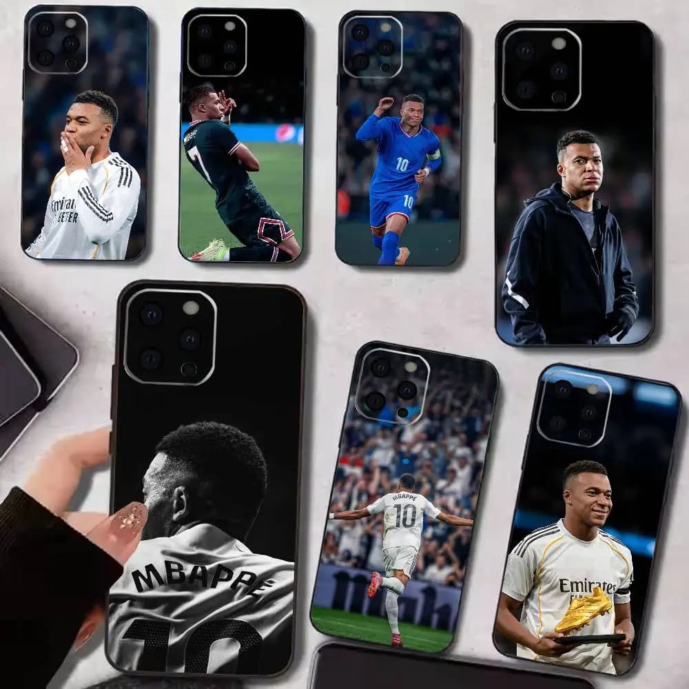 Cover per iPhone di M-MbappeS-S, Stella del Calcio, per iPhone 17, 16, 15, 14, 13, 12, 11 Plus, Pro Max, XS, in Silicone Morbido Nero
