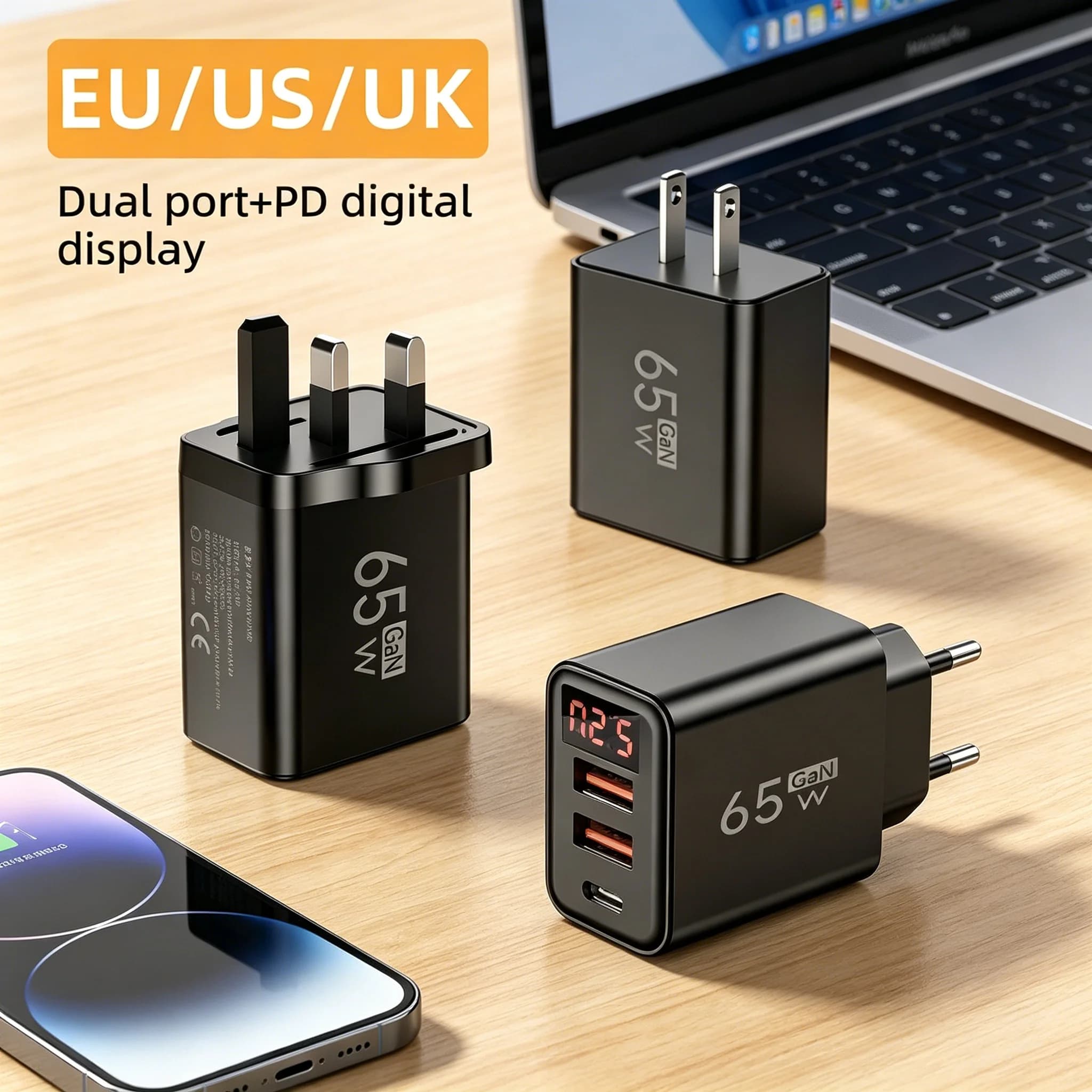 USB PD GaN 65W Fast Charger Type C Quick Charge Wall Power Adapter Mobile Phone Charger For iPhone Samsung Xiaomi EU US UK Plug