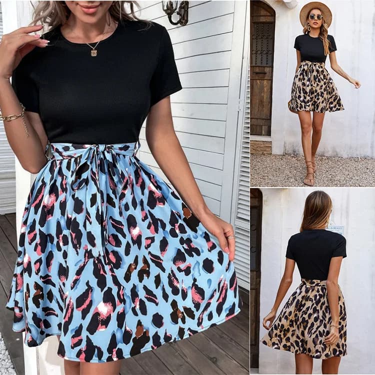2024 New Women's Print Patchwork Belted Knot Dress Cross-Border Independent Station Elegant Summer Midi Skirt