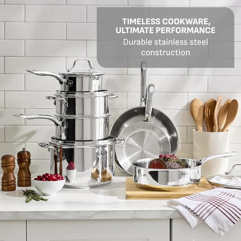 Stainless Steel Cookware Set 11 Piece Induction Ready Oven Broiler Safe 500F Pots and Pans Set with Frying Pan Saucepan Saute