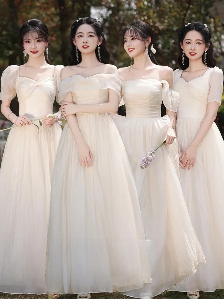 Champagne Color Maids Dress 2026 New Style Elegant Mesh Puffy Skirt Korean Version mid Waist Long Dress for Wedding Party