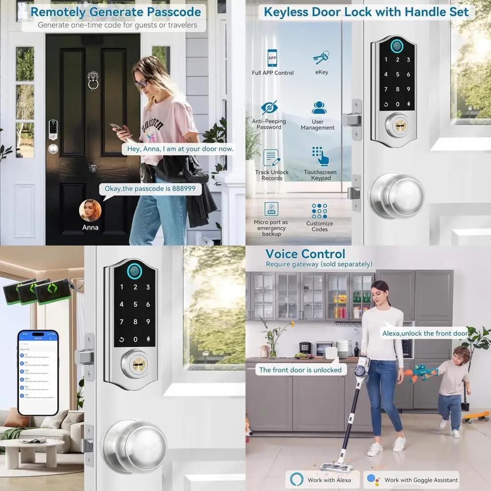 Serratura Intelligente con Maniglia, Controllo App, Accesso Senza Chiave, Touchscreen Digitale, Facile Installazione, Chiusura Automatica, Nichel Satinato
