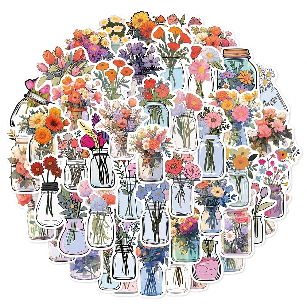 50 pezzi di adesivi per graffiti con fiori per bottiglie di vaso, adesivi per skateboard per bagagli, libri di scarto manuali fai da te, notebook, tazza d'acqua