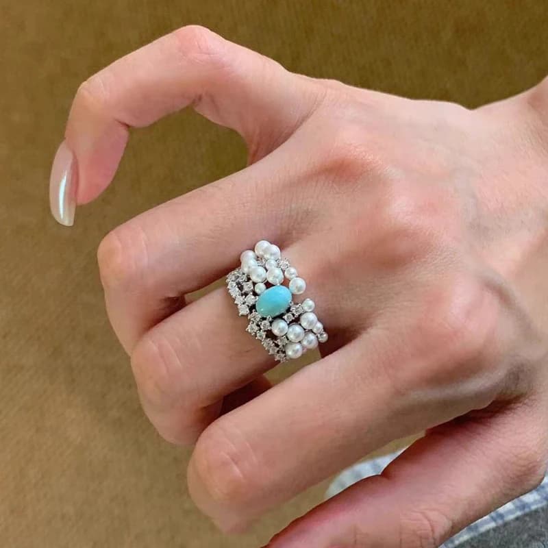 silver 925 vintage diamond inlaid pearl turquoise ring light luxury romantic high-end rings for women's fashion jewelry gifts