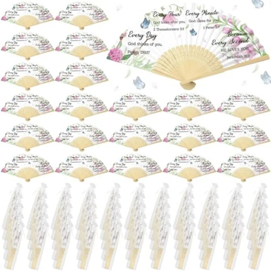 50 Pcs Christian Paper Hand Fans Foldable Church Bamboo Fans with Organza Bag for Bible Church Decorations Gift White, God Thin