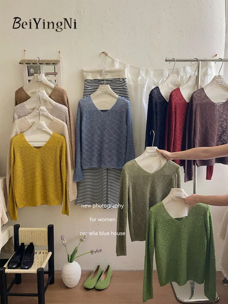 Beiyingni Vintage Plain V-neck Sweaters for Women 2026 Autumn Fashion Loose Knitted Tops Woman's Casual Retro Pullover Sweater