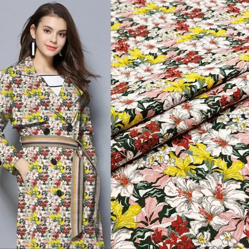 New Oil Painting Flower Bush Jacquard Fabric Dress Trench Coat Brocade Fashion Brand Cloth By The Yard